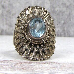 Sterling Silver India PTI Blue Topaz Flower Mandela Design Statement Ring 8.5